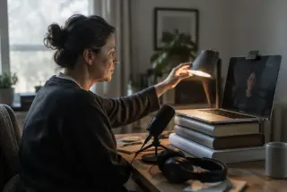 Middle-aged woman discreetly testing a laptop camera, microphone, and lighting in a home study before a video call.